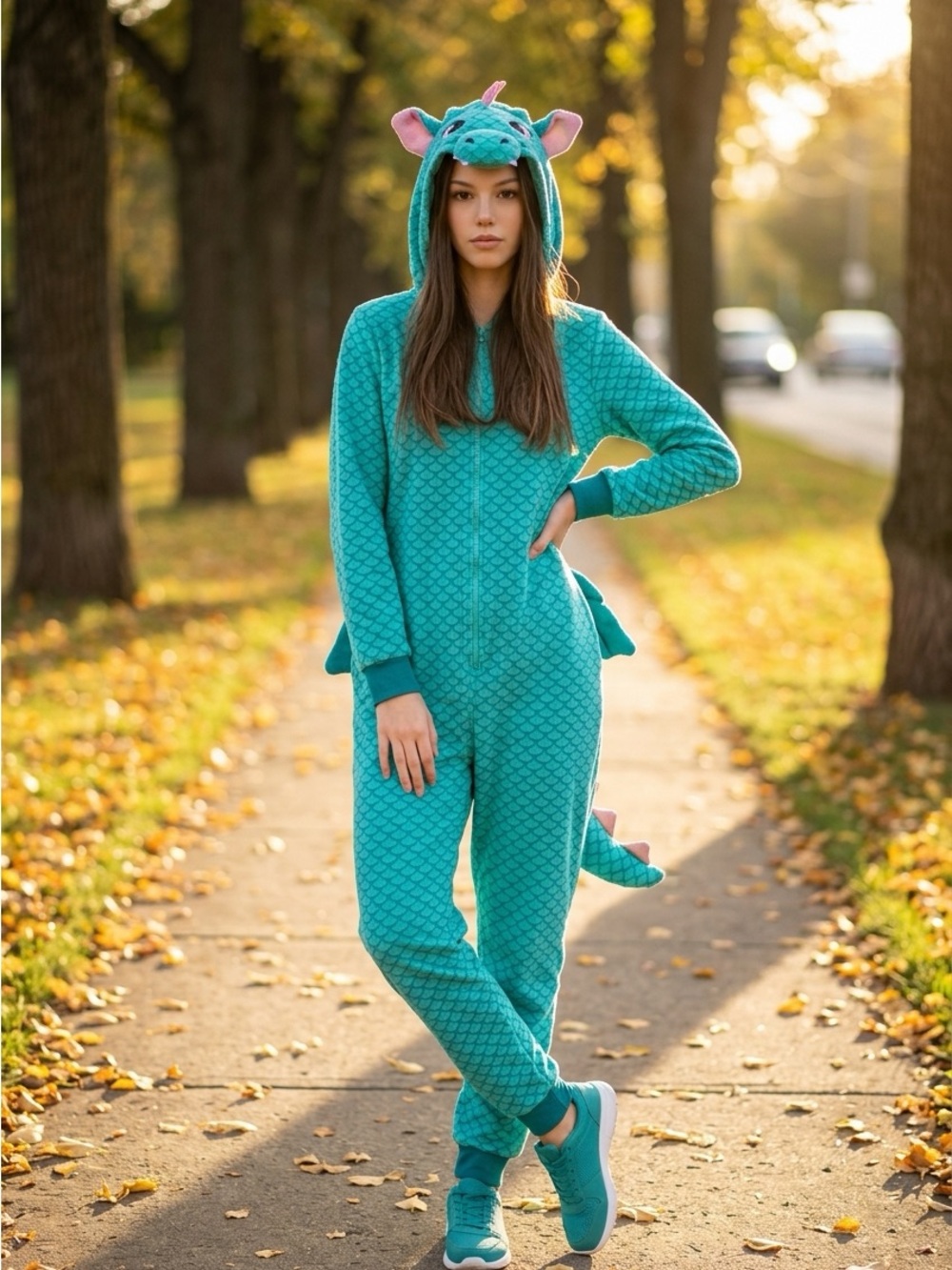 Xhilaration Teal Dragon Scales Hooded Fleece One-Piece Pajamas